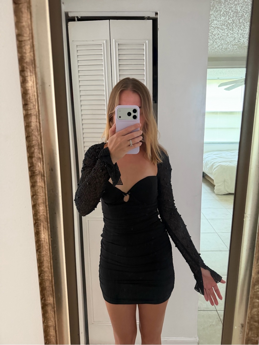 Oh Polly Black Sheer-Sleeve Sweetheart Mini Dress - Picture 3 of 5